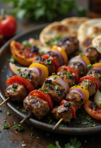 Shish kebab pe frigărui, carne și legume la grătar