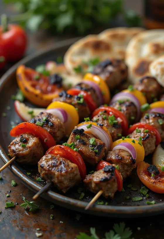 Shish kebab pe frigărui, carne și legume la grătar