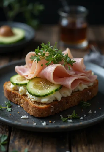 Sandviș Smørrebrød cu șuncă, cașcaval și castravete pe pâine de secară