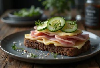Sandviș Smørrebrød cu șuncă, cașcaval și castravete pe pâine de secară