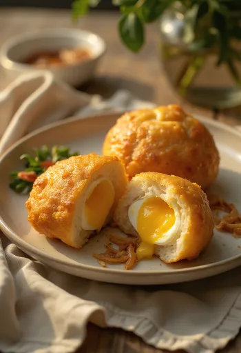 Vetkoek cu umplutură de ouă, gogoși prăjite de culoare aurie