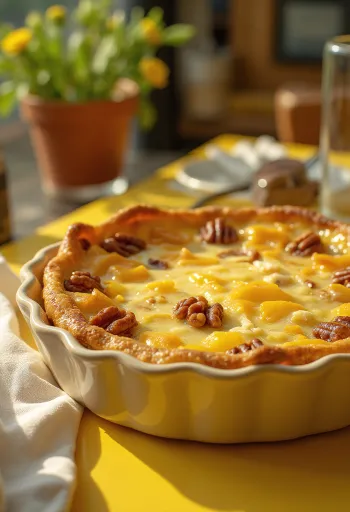 Quiche cu brânză Brie și nuci feliată pe un platou