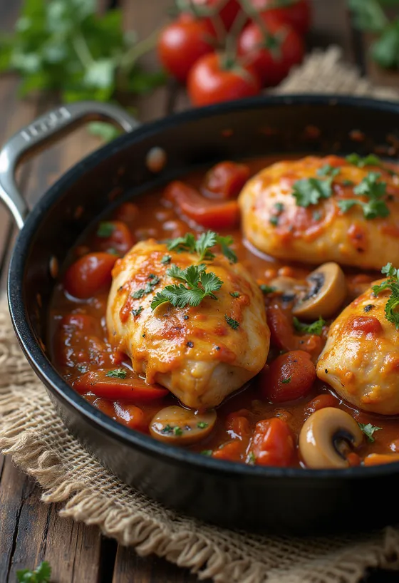 Chicken cacciatore servit în tigaie cu legume