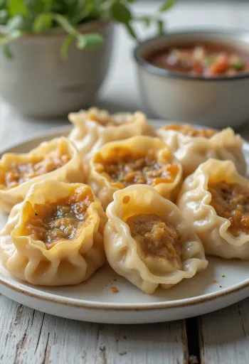 Gyoza cu ou, umplută în aluat fin, proaspăt, prăjită auriu crocant