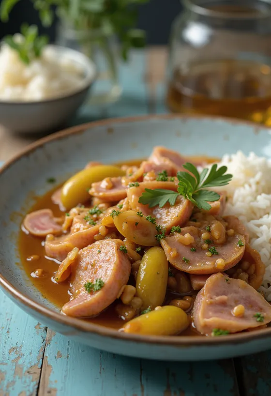 Tocăniță măcelărească cu carne de porc suculentă, cârnați afumați și castraveți murați.