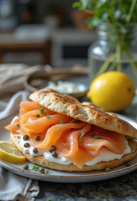 Pita cu somon, legume proaspete și umplutură cremoasă