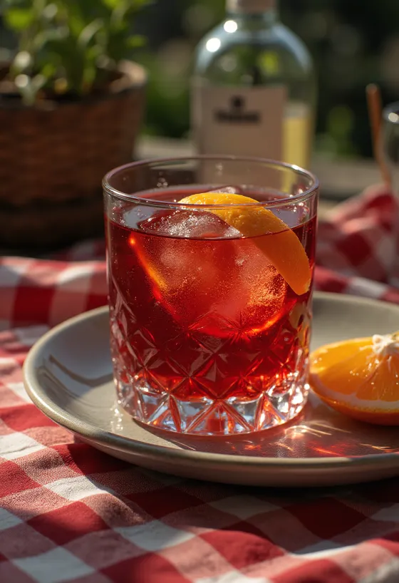 Cocktail Negroni decorat cu felie de portocală