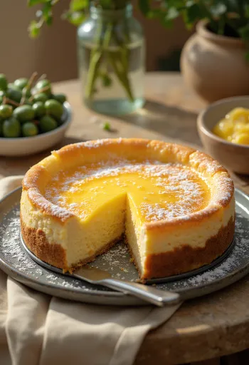 Tort nemțesc cu brânză cu umplutură moale și pudrat cu zahăr