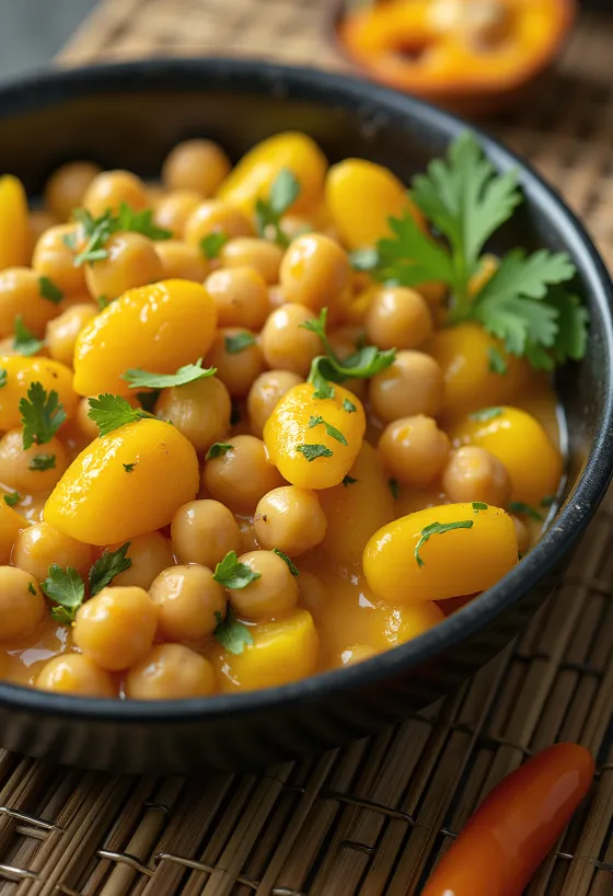 Ackee și năut într-un bol, servit cu legume și lapte de cocos
