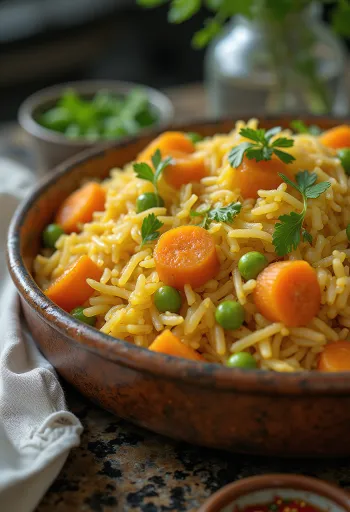 Biryani cu legume bogat, legume condimentate și orez basmati, ornat cu coriandru proaspăt și mentă.