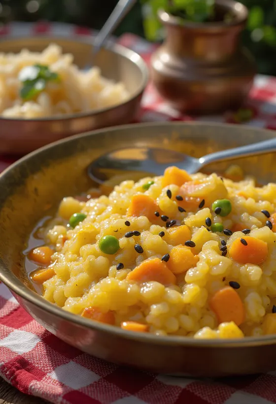 Bol ceramic cu Pongal din grâu spart, garnisit cu caju și frunze de curry