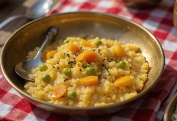 Bol ceramic cu Pongal din grâu spart, garnisit cu caju și frunze de curry