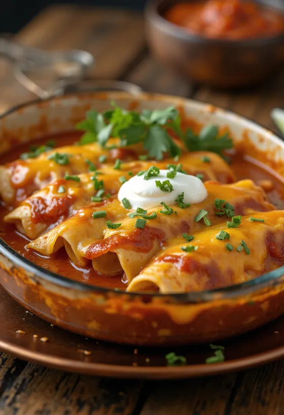Chicken enchiladas acoperite cu brânză topită și decorate cu smântână și coriandru