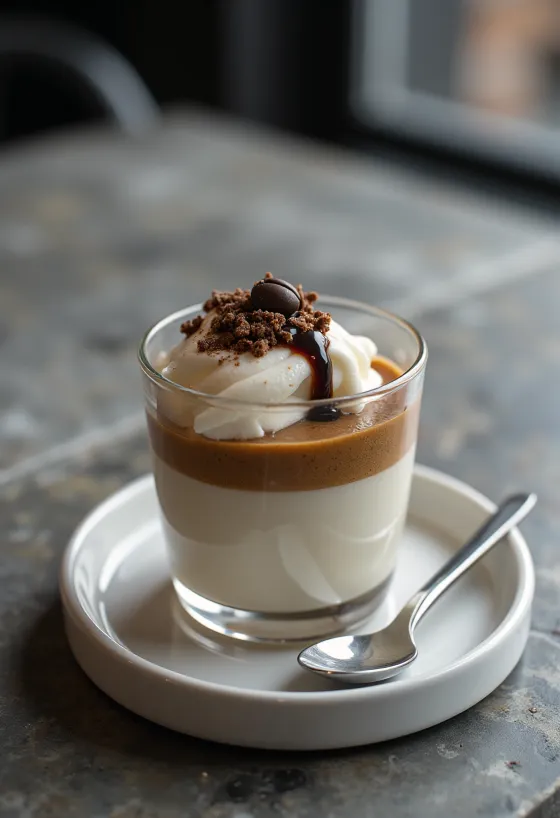 Panna cotta cu sos de cafea servită