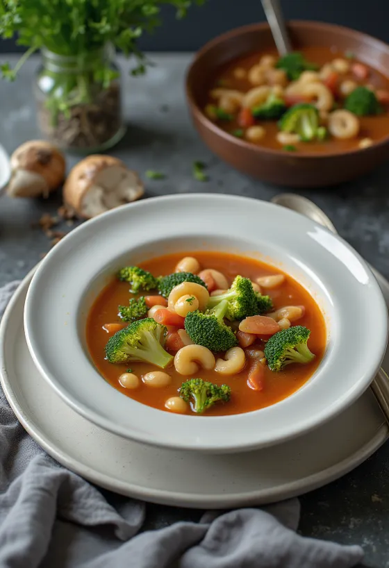 Supă Minestrone cu broccoli, morcovi și paste, servită bogat