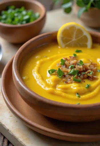 Supă Moong dal, decorată cu coriandru proaspăt și suc de lămâie