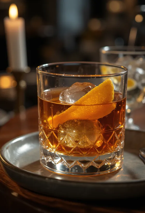 Cocktail Old Fashioned decorat cu coajă de portocală