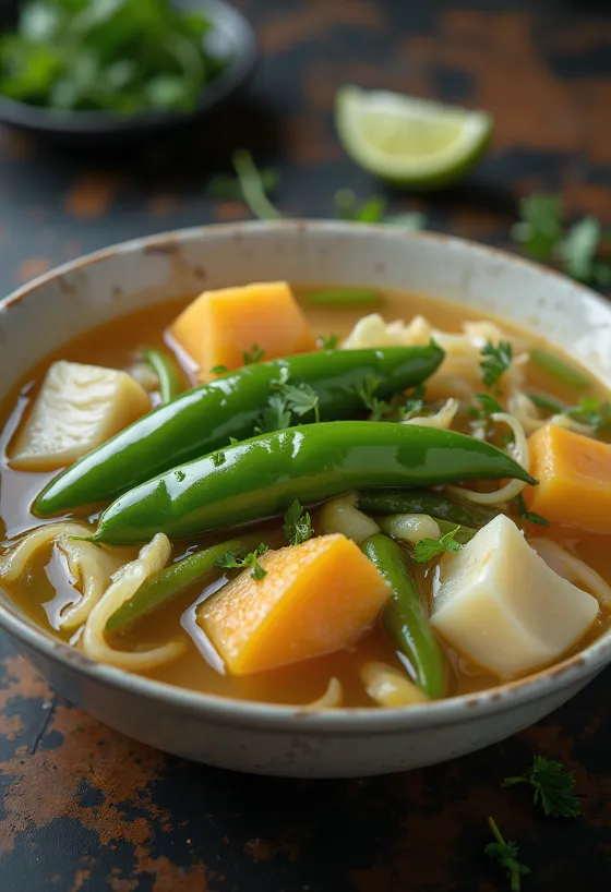 Sinigang cu legume, supă nutritivă filipineză decorată cu coriandru proaspăt