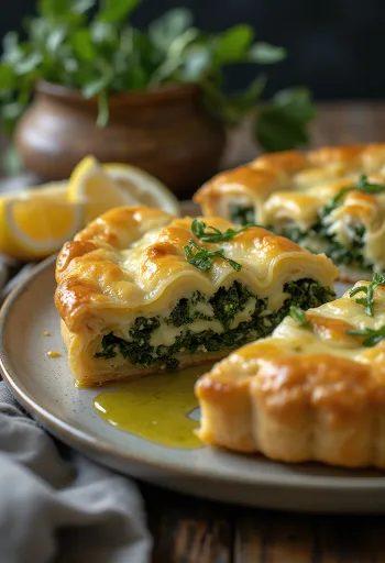 Spanakopita cu ulei de măsline, cu aluat auriu, crocant și umplutură bogată de spanac