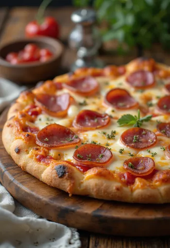 Pizza cu carne și salam servită