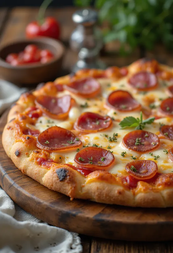 Pizza cu carne și salam servită
