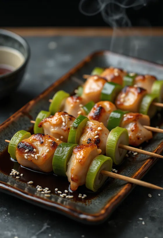 Negima yakitori pui și ceapă verde pe băț, servit cu semințe de susan și ceapă verde proaspătă