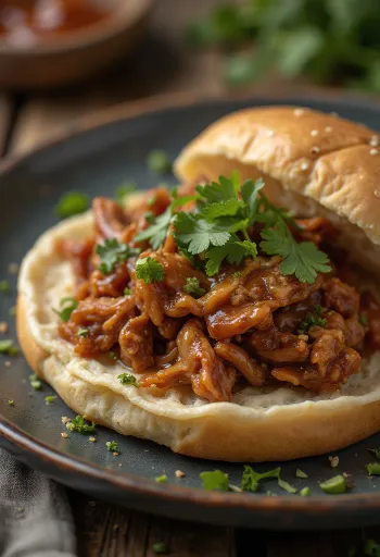 Pulled Duck, carne de rață barbecue fragedă servită cu coriandru proaspăt și salată de varză