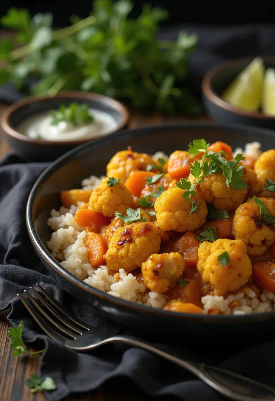 Curry de conopidă la cuptor vegan servit