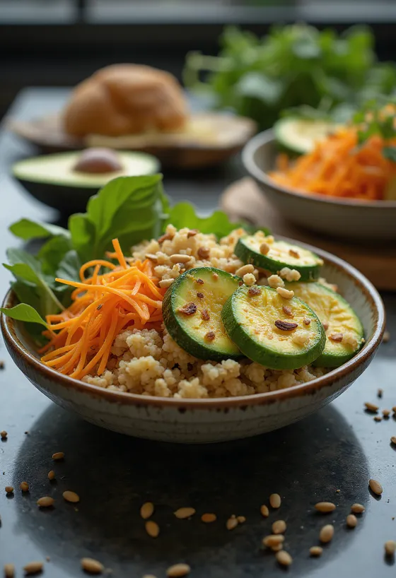 Buddha bowl cu avocado și dovlecel servit