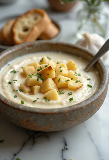 Supă cremă de usturoi cremoasă cu crutoane și pătrunjel proaspăt.