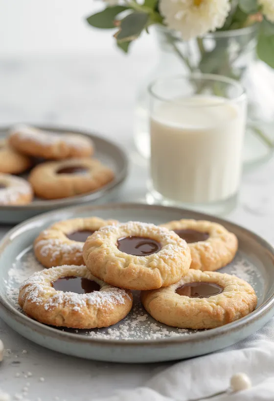Linzer cu cremă de alune pudrat cu zahăr, servit pe farfurie