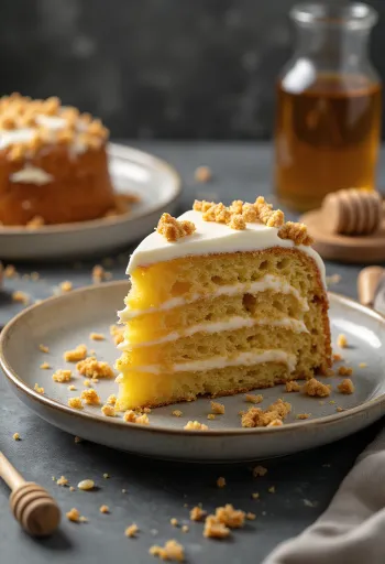 Tort rusesc cu miere stratificat cu cremă și decorat cu firimituri de aluat