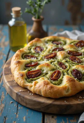 Focaccia cu pesto și roșii uscate servită