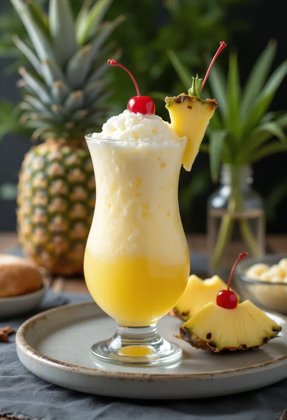 Piña Colada decorată cu ananas proaspăt și cireașă de cocktail