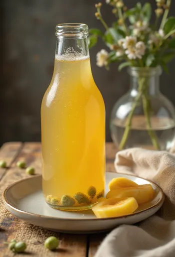 Sticlă cu dop mecanic plină cu kombucha efervescentă și conuri de hamei