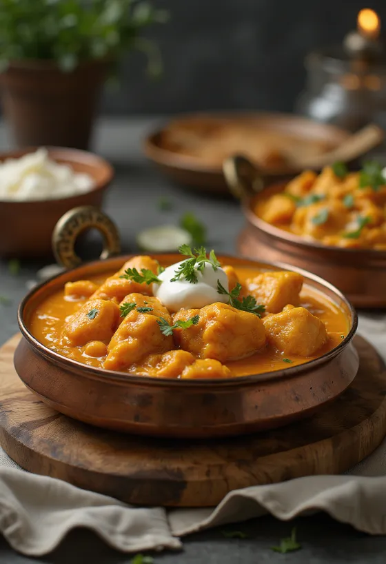 Chicken Makhani, pui în sos de unt indian decorat cu coriandru proaspăt