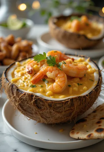 Daab Chingri creveți cu garam masala serviți cu lapte de cocos