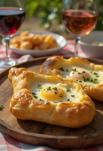 Khachapuri în formă de barcă cu ou și brânză topită