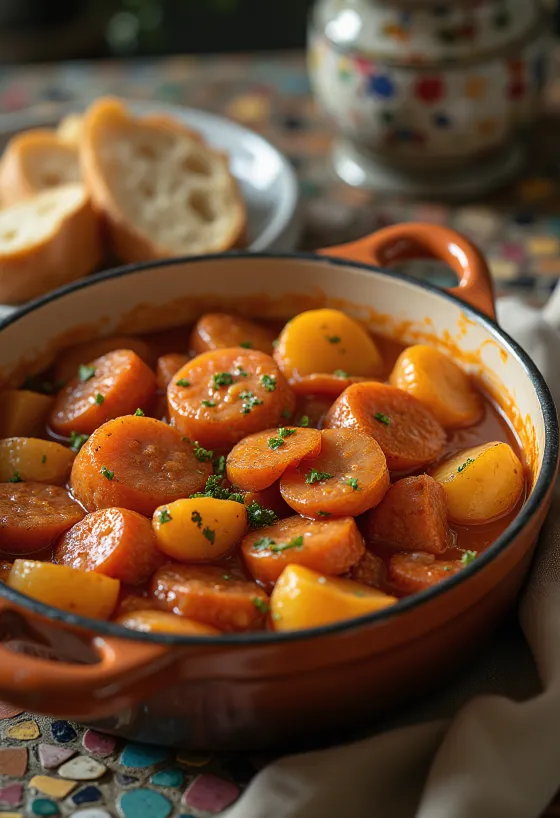 Papricaș de cartofi cu bucăți suculente de cartofi, cârnați afumați și presărat cu pătrunjel proaspăt