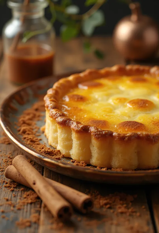 Tort Pastel de Nata portughez cu vârf brun-auriu și umplut cu cremă de vanilie