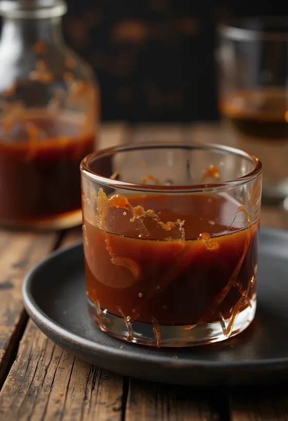 Sos Barbecue cu bourbon whiskey într-un bol, cu condimente proaspete și carne la grătar în fundal.
