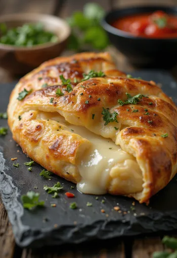 Calzone cu mozzarella, cu crustă aurie, umplut cu mozzarella și șuncă