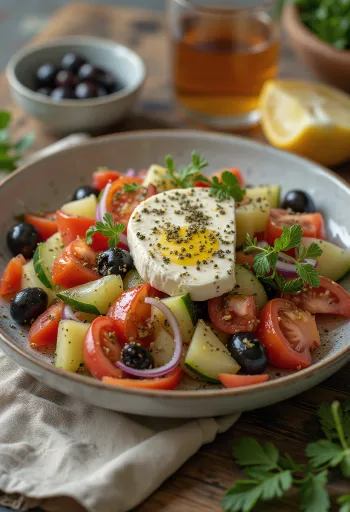 Salată grecească proaspătă cu brânză feta, măsline și roșii zemoase