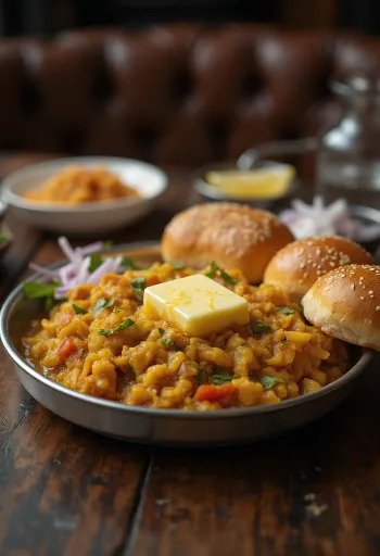 Pav Bhaji cu extra unt, servit cu chifle crocante