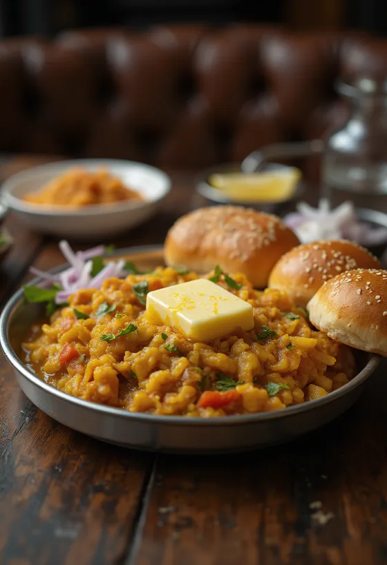 Pav Bhaji cu extra unt, servit cu chifle crocante