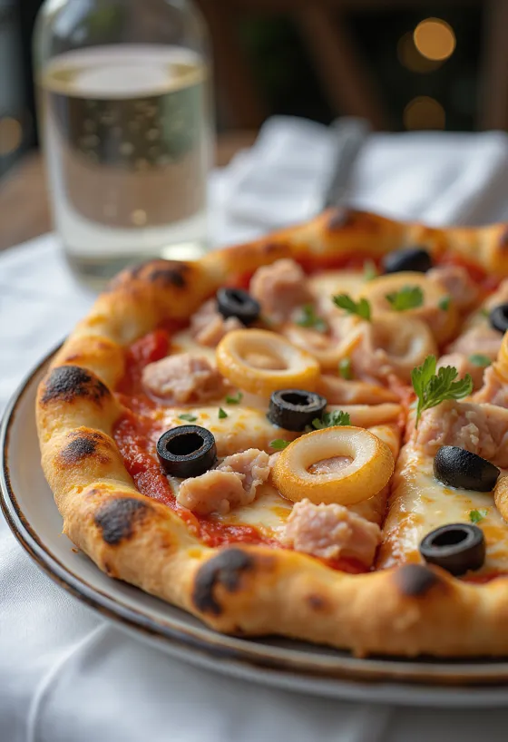 Pizza cu ton, ceapă și măsline negre