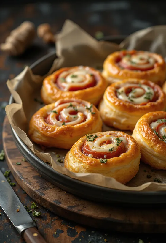 Melci de pizza proaspăt copți, umpluți cu cașcaval topit și sos de roșii, serviți pe farfurie.