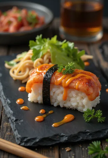 Spam musubi cu maioneză sriracha, mâncare hawaiană făcută din orez și alge nori.