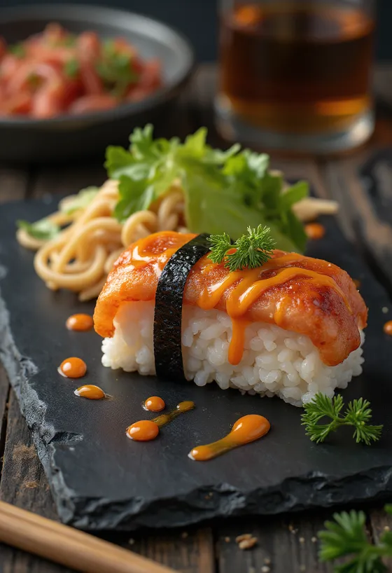 Spam musubi cu maioneză sriracha, mâncare hawaiană făcută din orez și alge nori.