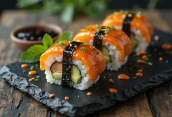 Spam musubi cu maioneză sriracha, mâncare hawaiană făcută din orez și alge nori.